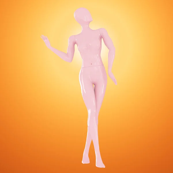 Female pink abstract mannequin in a dancing pose on an orange backlit background. 3d rendering — Stock Photo, Image