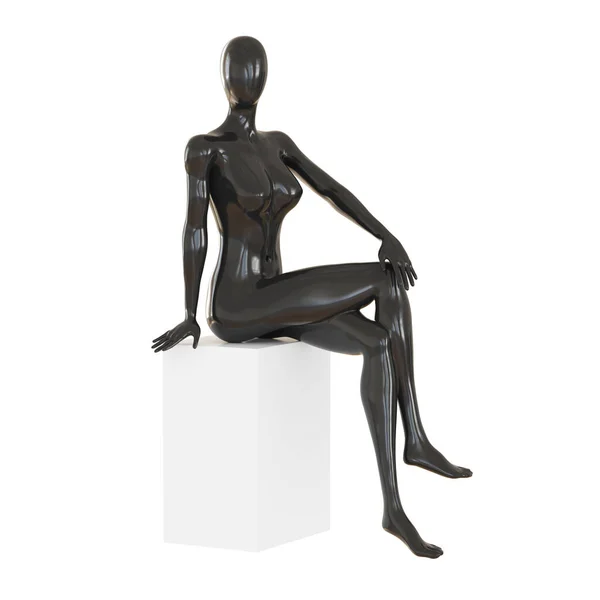 Manichino femminile nero senza volto seduto a gambe incrociate su uno sfondo bianco. rendering 3d — Foto Stock
