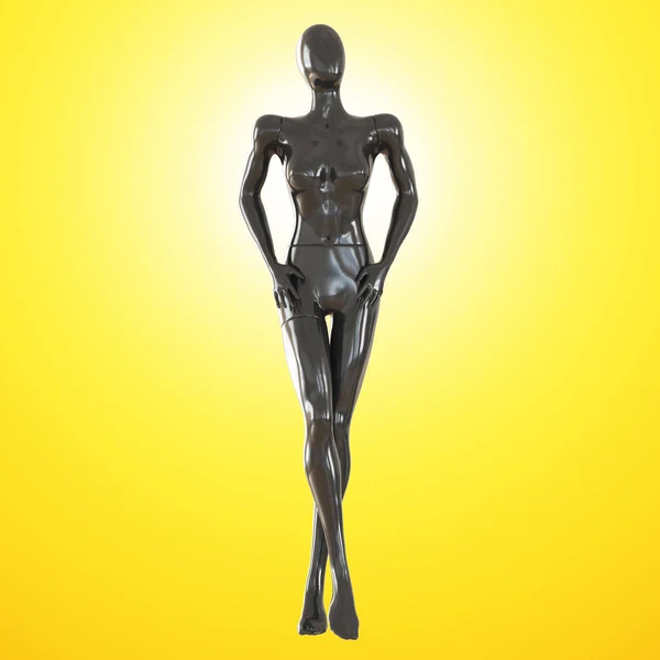 Un manichino nero senza volto femminile si erge a gambe incrociate su uno sfondo giallo retroilluminato. Vista frontale. rendering 3d — Foto Stock