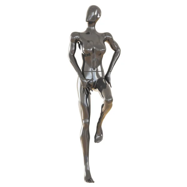雌性黑色抽象人体模特单腿站立在白色背景上。3d渲染 — 图库照片