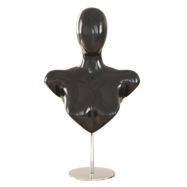 Beyaz arka planda duran bir kadın mankenin plastik siyah büstü. Ön manzara. 3d oluşturma
