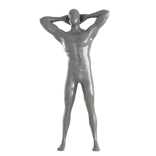 一只灰色的、没有脸的雄性人体模特站在那里，双手紧握着头，向旁边倾斜。前面的景色3d渲染 — 图库照片