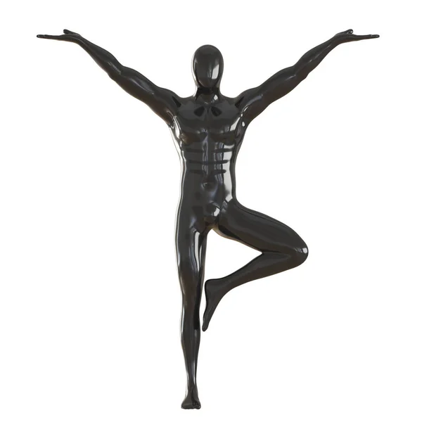 Un manichino maschio senza volto nero si erge con le gambe arricciate e le braccia distese su uno sfondo bianco. rendering 3d — Foto Stock