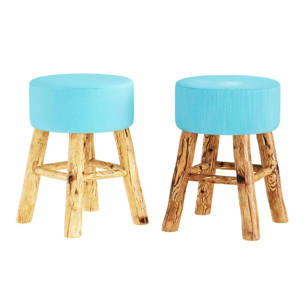 Due sgabelli con seduta in tessuto blu su gambe in legno su fondo bianco. rendering 3d — Foto Stock