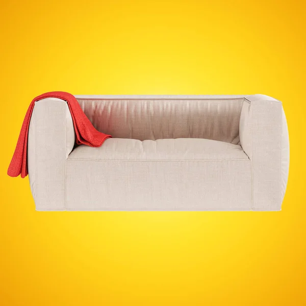 Світло-бежева тканина м'який диван з кришкою на підлозі на жовтому тлі. 3D візуалізація. Вид спереду — стокове фото