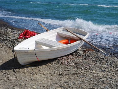 Güneşli bir günde, deniz kıyısında kürek ve can simidi olan beyaz bir tekne.