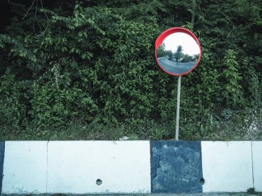 Yol aynası kaldırımın ve yeşil ormanın yanında duruyor. Yolda kör dönüş Yılan gibi