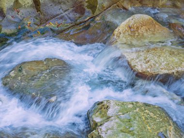 Temiz suyu olan köpüklü bir nehir büyük taşların üzerinden akar. Yakın plan fotoğraf.