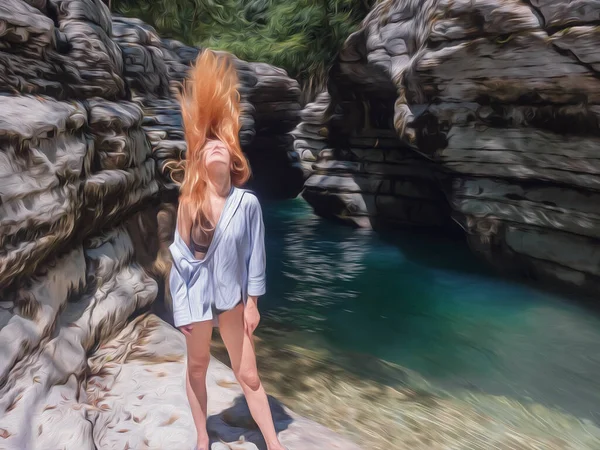 The longhaired girl throws her head back while standing by the turquoise water among the canyons. Artistic photo processing. Imitation oil painting