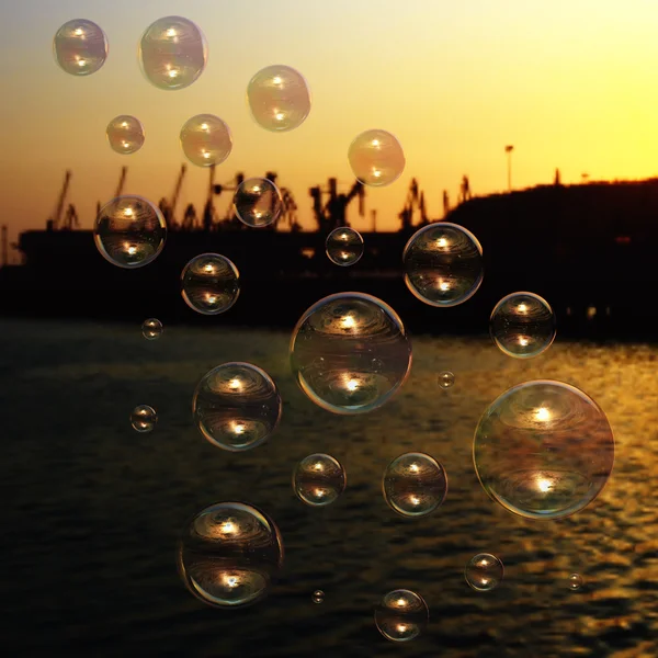 Soap bubbles on sunset — Stock Photo, Image