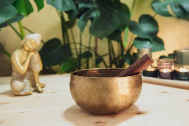 Özel sopalı Tibet şarkı kasesi, yanan mumlar ve ahşap masa üzerindeki yeşil bitki arka planlı Altın Buda heykelciği. Meditasyon ve rahatlama. Egzotik masaj. Seçici odak