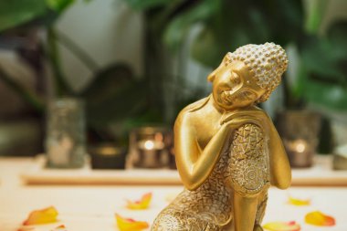 Altın bronz Buda heykelciği, ahşap masa üzerinde çiçek yaprakları, burnig mumlar, canavar bitki arkaplanı. Meditasyon ritüeli, maneviyat, Budizm ve din. Seçici odak