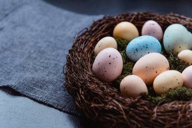 Hasır yuvayı yosun ve koyu arkaplanda gri keten kumaş peçeteye renkli Paskalya yumurtalarıyla kapatın. Kötü ruh hali. Mutlu Paskalyalar. Seçici odak, boşluğu kopyala
