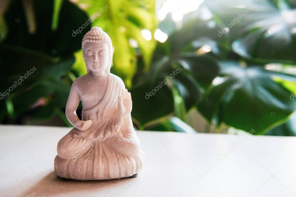 Decorative white Buddha statuette with green monstera plant on the background. Meditation and relaxation ritual. Exotic massage. Selective focus. Copy space