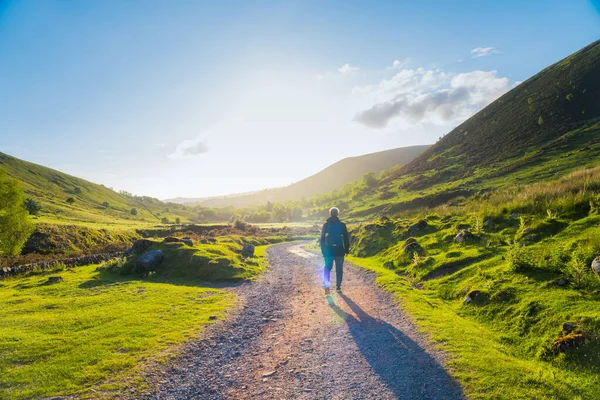 산을 파는 일. 등산 가방을 든 관광객 이 녹색 언덕을 두르고 산길을 가고 있다. 혼자 서 킹. 손전등. Wales, Snowdonia. — 스톡 사진