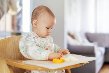 Concentrated cute baby eating himself on high chair baby led weaning or blw. Infant self-feeding solid food fine motor development. Babys feeding, learning eating food by himself and making mess.