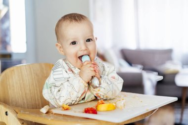 Happy baby learning to eat food with baby spoon by himself on high chair baby led weaning or blw. Infant self-feeding solid food, making mess, fine motor development. Kid enjoying healthy nutrition