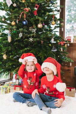 İki gülümseyen çirkin süveter ve Noel Baba şapkalı çocuk kış tatilinde Noel ağacının altında oturuyorlar. Mutlu kardeşler heyecanlı, eğleniyor, Noel hediyelerini bekliyor.