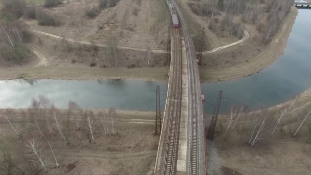 Залізничний міст. Через річку. Потяг рухається на мосту — стокове відео