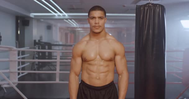 Kickbox, atlétikai férfi harci edzés a boksz edzőteremben, egy izmos férfi harci pozíciót vesz fel. — Stock videók