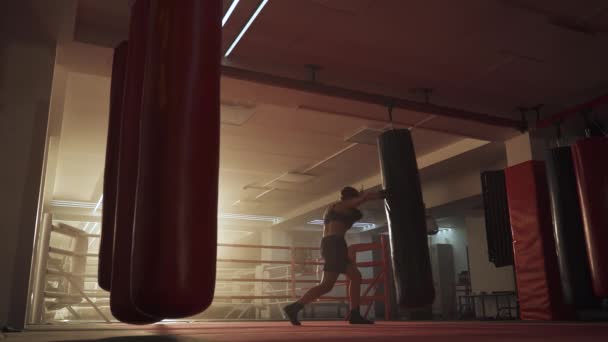 Mulher lutadora treina seus socos, bate um saco de perfuração, dia de treinamento no ginásio de boxe, retroiluminação, a menina treina uma série de socos. — Vídeo de Stock
