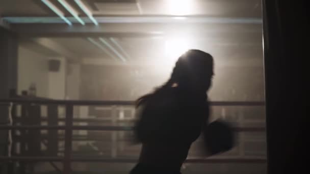 Boxeo, mujer luchadora entrena sus golpes, golpea a un saco de boxeo, entrenamiento en el gimnasio de boxeo, cuerpo en forma de fuerza, la chica golpea rápido, retroiluminación. — Vídeos de Stock