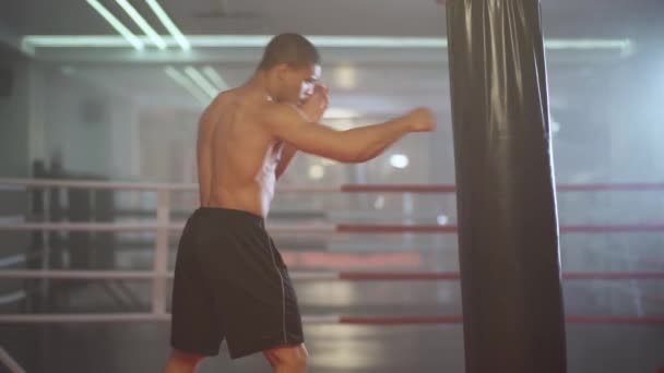 Kickboxing, lutador atlético treina seus socos, bate um saco de perfuração, dia de treinamento no ginásio de boxe, fortes golpes de mão. — Vídeo de Stock