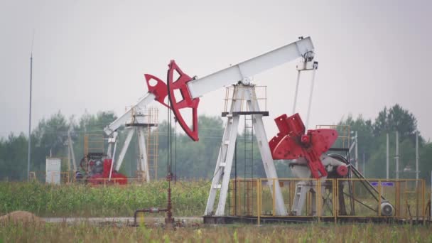 Extracción de recursos, una plataforma petrolífera en el campo bombea petróleo, producción de combustible. — Vídeo de stock