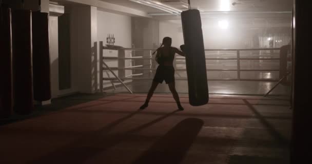Femmina combattente allena i pugni, batte un sacco da boxe, giornata di allenamento in palestra di pugilato, retroilluminazione, 4k Slow Motion. — Video Stock