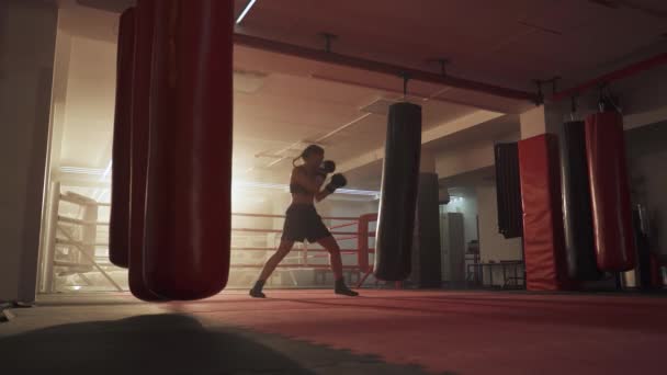 Kickboxing, mujer combate entrena sus golpes, bate un saco de boxeo, día de entrenamiento en el gimnasio de boxeo, cuerpo de fuerza en forma, la chica golpea rápido. — Vídeos de Stock