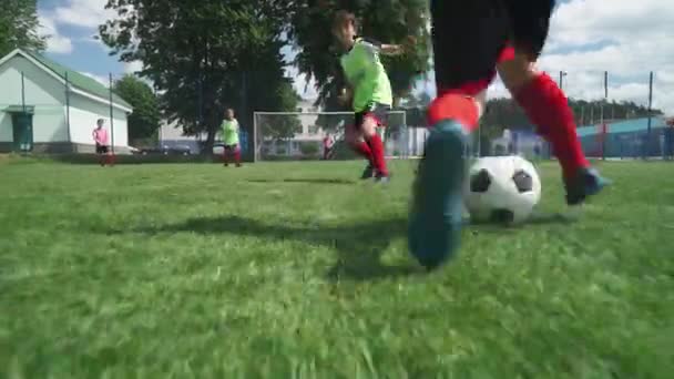 Grupp av unga pojkar spelar fotboll, träningsdag på fotbollsplanen, pojke gör mål. — Stockvideo