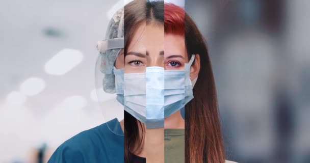 Portraits de femmes médecins dans des masques médicaux impliqués dans la lutte contre Covid-19, les infirmières regardent la caméra, écran partagé. — Video