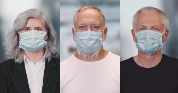 保護医療用マスク、成人男性と女性のカメラを見て、高齢者の白髪の人々の肖像画、コロナウイルスの予防と保護、分割画面. — ストック動画