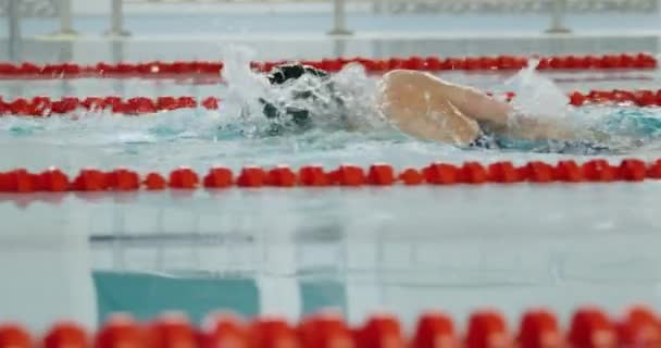 Молодая профессиональная женщина плавает в бассейне, женщина плавает и тренируется в воде, superslomo. — стоковое видео