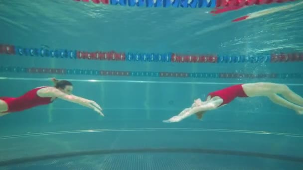 Les femmes professionnelles nagent dans la piscine, les jeunes femmes exécutent les éléments de la natation synchronisée, belle danse sous l'eau. — Video