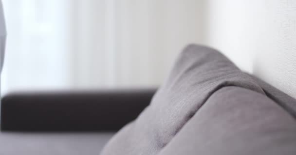 Ung kvinna lägger sig på soffan i vardagsrummet och vilar, fridfull kvinnlig avkoppling efter jobbet. — Stockvideo