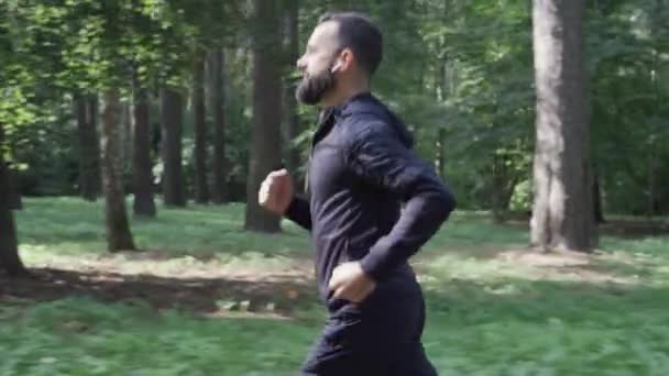 Hombre adulto corriendo por el bosque de verano, siguiendo cámaras, corredor en auriculares inalámbricos, estilo de vida saludable. — Vídeo de stock