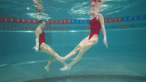 Professional females swimmers in the pool, young womans perform the elements of synchronized swimming, beautiful dance under water. — Stock Video