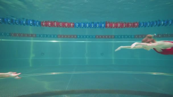 Les femmes professionnelles nagent dans la piscine, les jeunes femmes exécutent les éléments de la natation synchronisée, belle danse sous l'eau. — Video