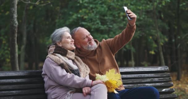 Pareja adulta se sienta en un banco en un parque forestal y tomar un video selfie en un teléfono inteligente, hombre de pelo gris y una mujer se comunican a través de una llamada de conferencia, el estado de ánimo de otoño. — Vídeos de Stock