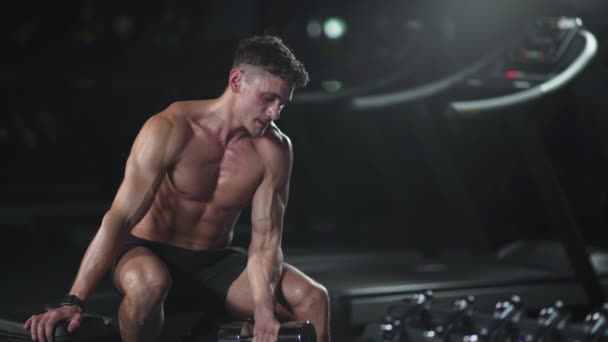 Hombre atlético entrena en el gimnasio, levanta pesas y realiza ejercicios para los brazos y bíceps, luz cinematográfica. — Vídeos de Stock