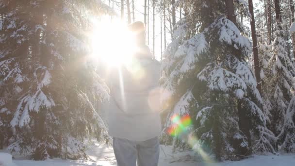 Mujer joven juega con los rayos del sol en un bosque de invierno, mujer disfrutando de la época de invierno durante un paseo de invierno en la naturaleza. — Vídeos de Stock