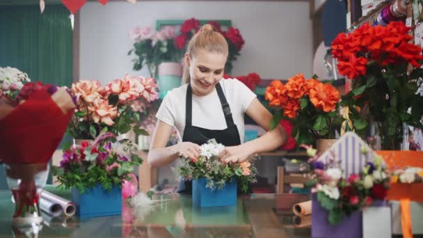 Genç bir çiçekçi kadın bir kutuda bir buket çiçek topluyor, neşeli bir kadın çiçekçide çalışıyor, çok renkli bir iç mekan.. — Stok video