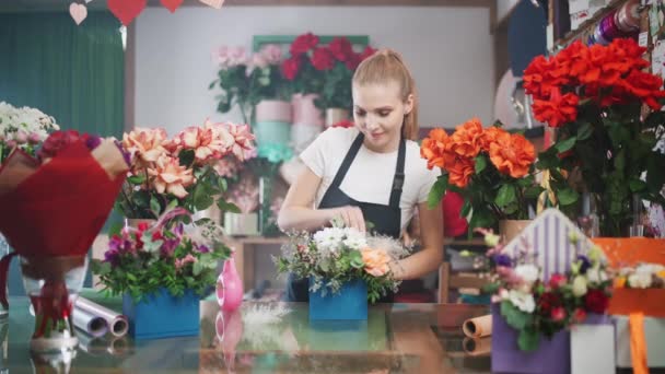 Floristería femenina decora un ramo de flores en una caja, mujer alegre que trabaja en una tienda de flores y plantas, interior multicolor. — Vídeo de stock