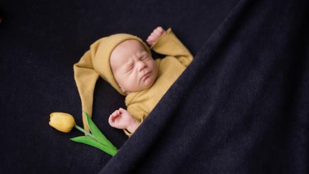 Lugn, ett nyfött barn i gul pyjamas som sover lugnt bredvid en tulpanblomma på en mörk filt, professionell fotografering av barn, stilleben. — Stockvideo