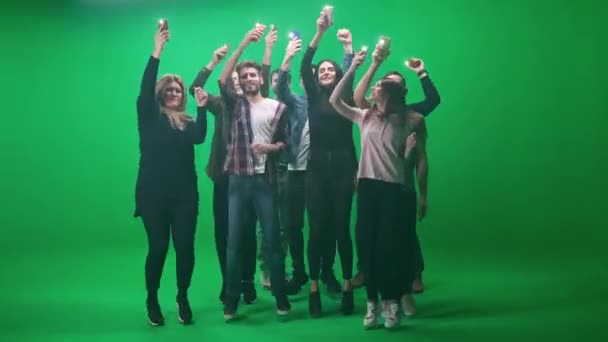 Een menigte mensen van verschillende leeftijden die dansen tijdens een concert, mensen met smartphones met zaklampen aan, fans van een muziekconcert die springen en dansen op een groene achtergrond, een chromakey-sjabloon. — Stockvideo