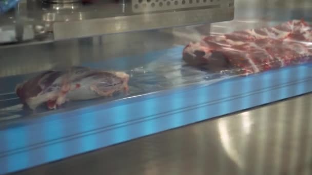 Produkcja mięsa, proces pakowania produktów mięsnych wołowych w opakowania z tworzyw sztucznych, termiczne pakowanie gotowych produktów spożywczych, linia produkcyjna. — Wideo stockowe