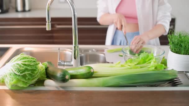 La hembra prepara una ensalada en la cocina, corta hierbas y verduras verdes para hacer una ensalada saludable, vegetarianismo. — Vídeos de Stock