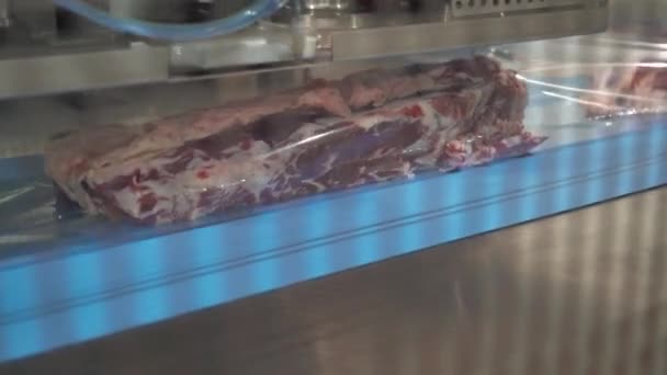 Produção de carne, o processo de embalagem de produtos à base de carne de bovino em embalagens plásticas, embalagem térmica de produtos alimentares acabados, linha de produção. — Vídeo de Stock