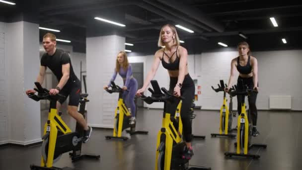 Wellness, grupp av människor är engagerade på en spinn cyklar,, utför aerob uthållighetsträning på simulatorn i gymmet. — Stockvideo